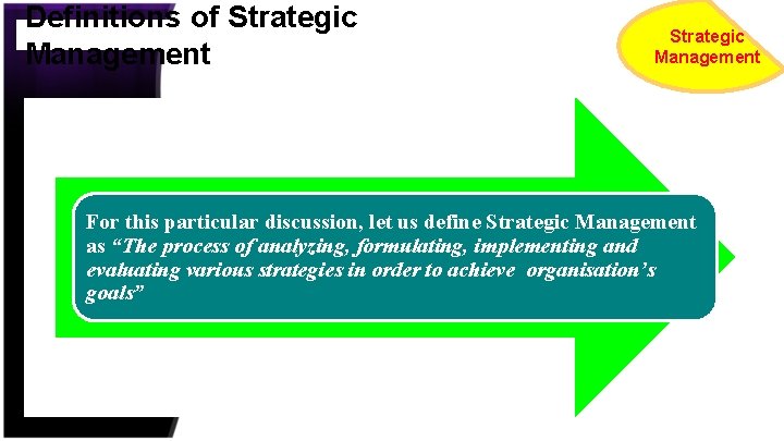 Definitions of Strategic Management For this particular discussion, let us define Strategic Management as