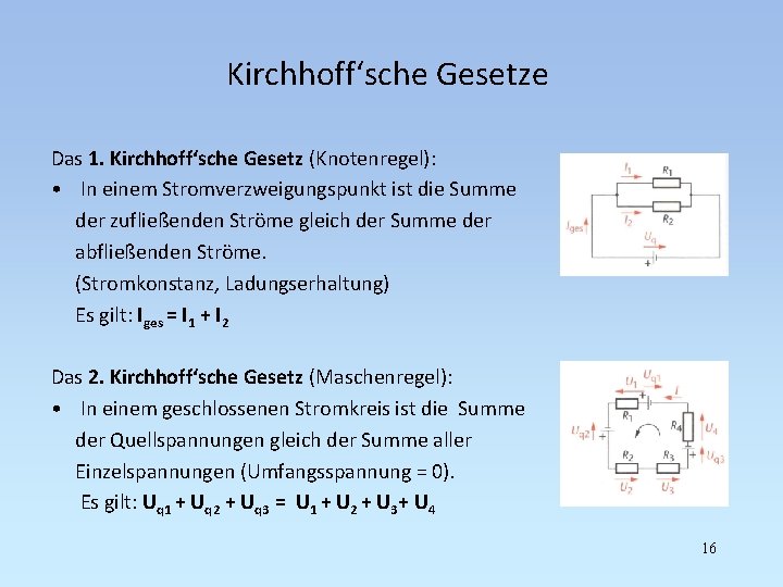Kirchhoff‘sche Gesetze Das 1. Kirchhoff‘sche Gesetz (Knotenregel): • In einem Stromverzweigungspunkt ist die Summe
