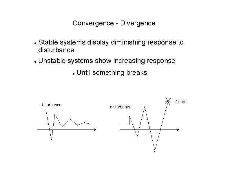 Convergence - Divergence Stable systems display diminishing response to disturbance Unstable systems show increasing