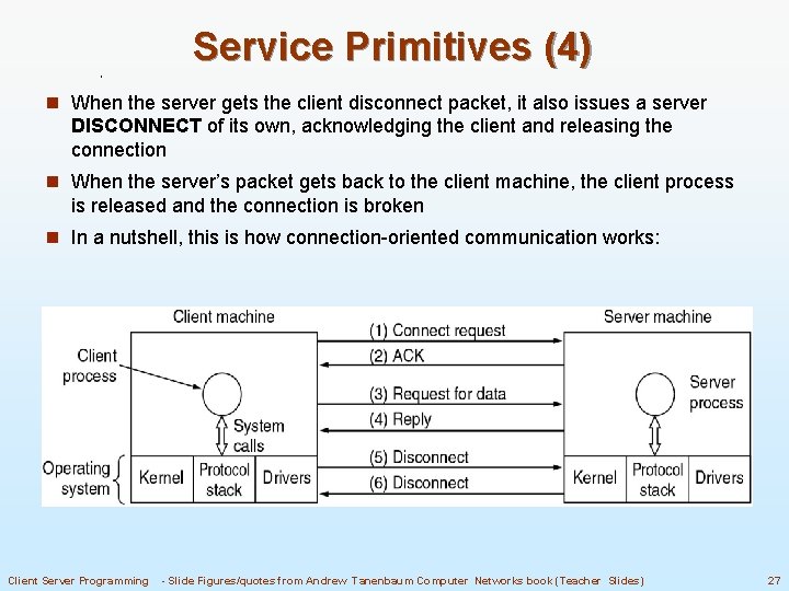 Service Primitives (4) n When the server gets the client disconnect packet, it also