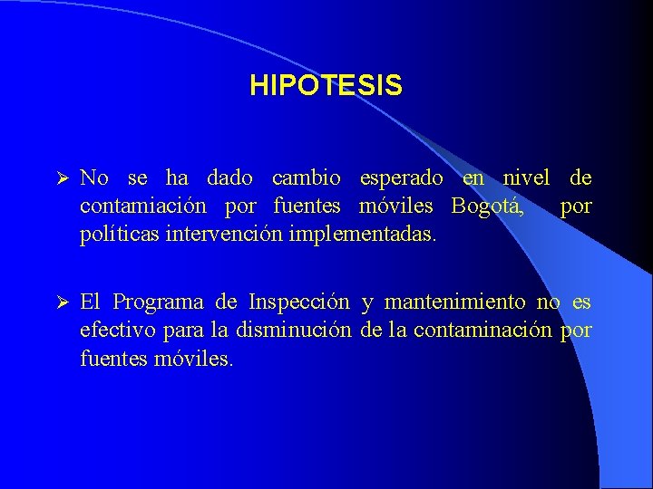 HIPOTESIS No se ha dado cambio esperado en nivel de contamiación por fuentes móviles