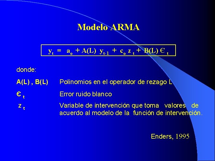 Modelo ARMA yt = ao + A(L) yt-1 + co z t + B(L)