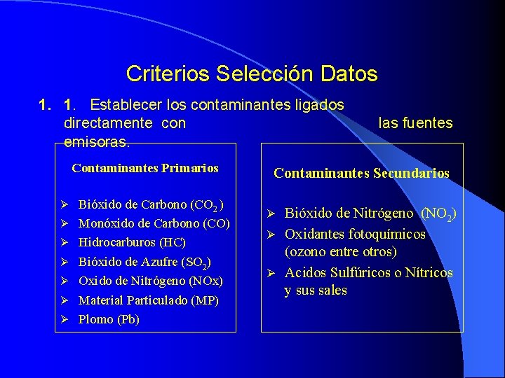 Criterios Selección Datos 1. 1. Establecer los contaminantes ligados directamente con las fuentes emisoras.