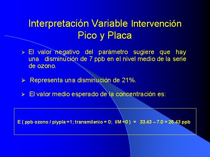 Interpretación Variable Intervención Pico y Placa El valor negativo del parámetro sugiere que hay