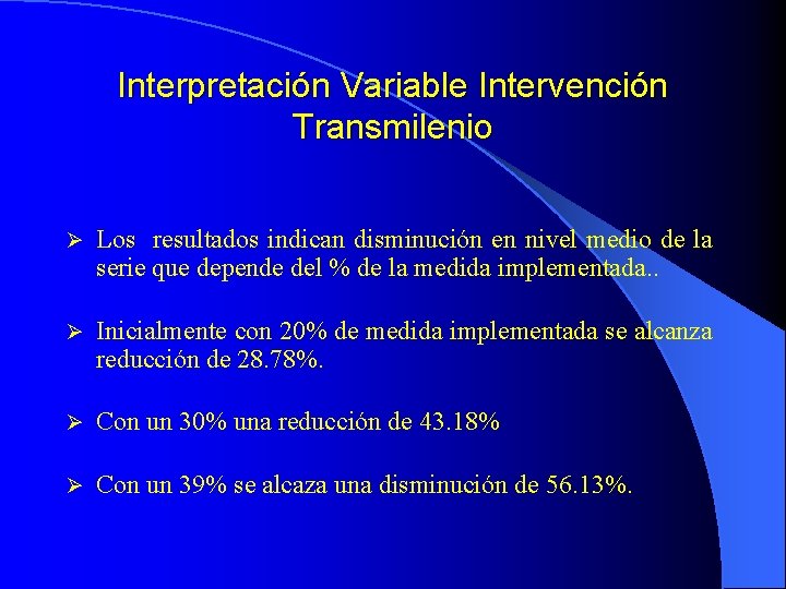 Interpretación Variable Intervención Transmilenio Los resultados indican disminución en nivel medio de la serie