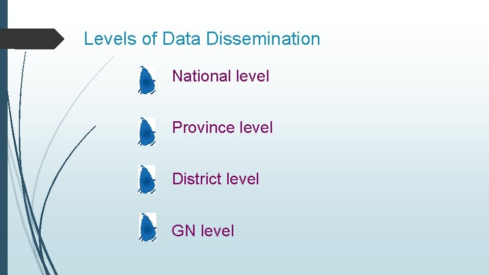 Levels of Data Dissemination National level Province level District level GN level 