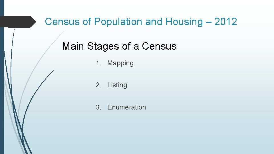 Census of Population and Housing – 2012 Main Stages of a Census 1. Mapping
