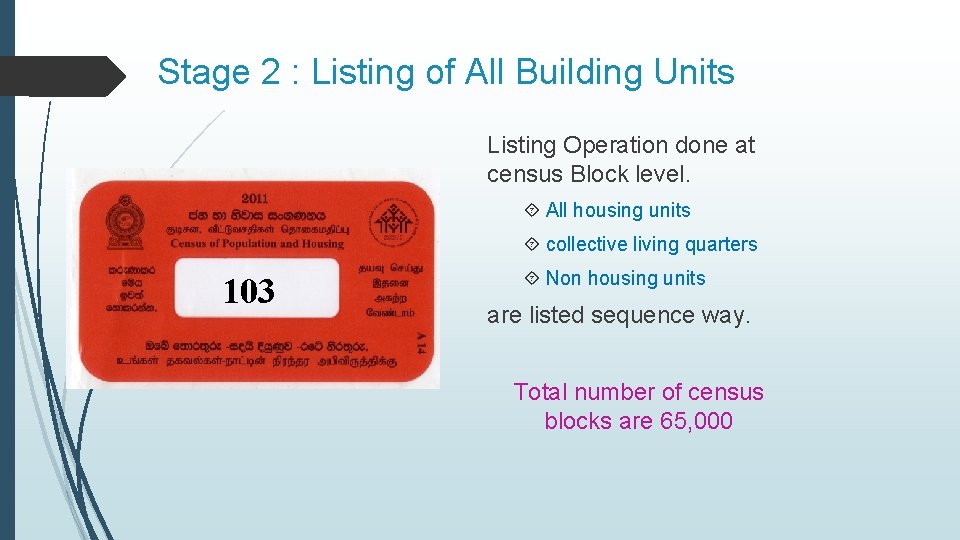 Stage 2 : Listing of All Building Units Listing Operation done at census Block