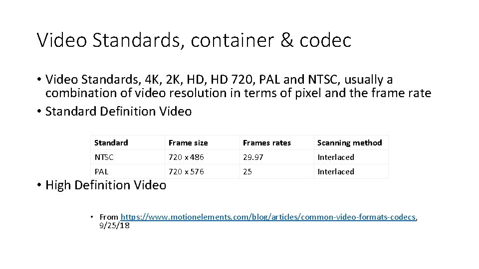 Video Standards, container & codec • Video Standards, 4 K, 2 K, HD 720,