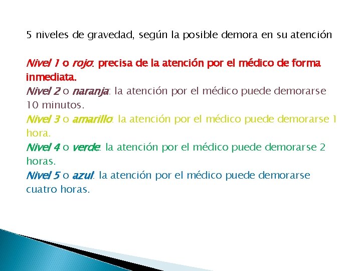 5 niveles de gravedad, según la posible demora en su atención Nivel 1 o