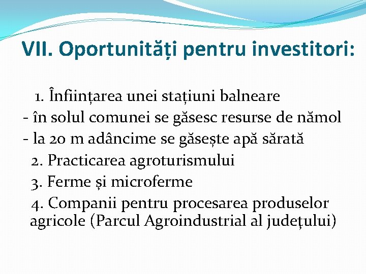 VII. Oportunități pentru investitori: 1. Înființarea unei stațiuni balneare - în solul comunei se