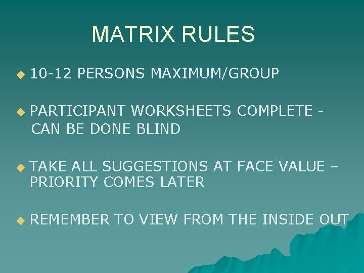 MATRIX RULES u u 10 -12 PERSONS MAXIMUM/GROUP PARTICIPANT WORKSHEETS COMPLETE CAN BE DONE