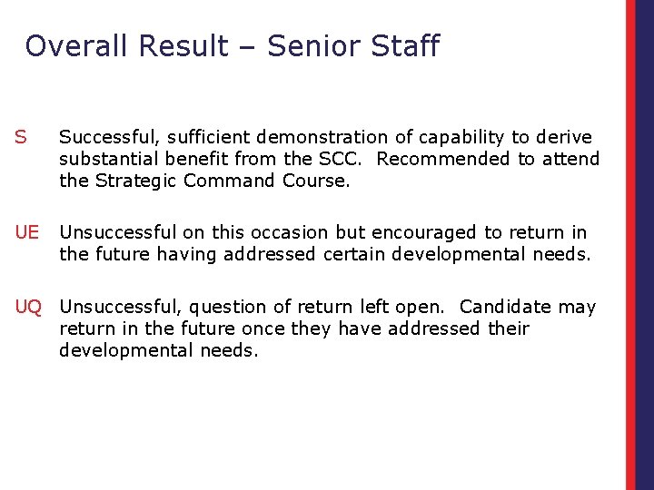 Overall Result – Senior Staff S Successful, sufficient demonstration of capability to derive substantial
