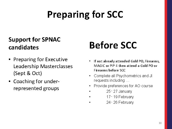 Preparing for SCC Support for SPNAC candidates • Preparing for Executive Leadership Masterclasses (Sept
