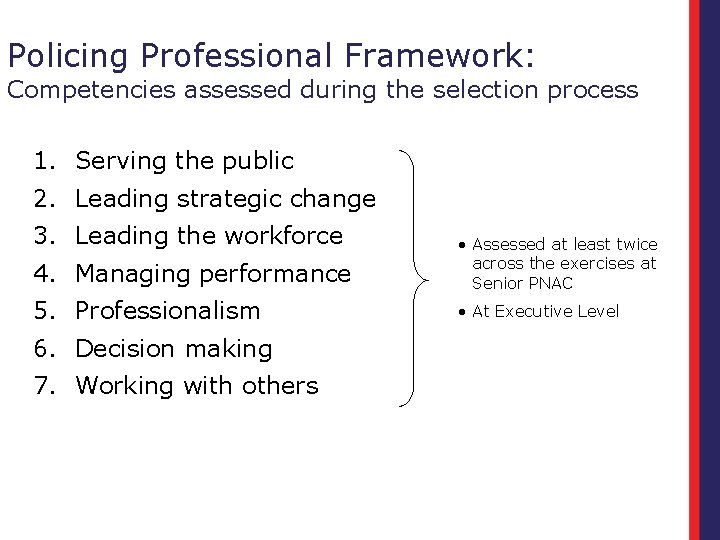 Policing Professional Framework: Competencies assessed during the selection process 1. Serving the public 2.