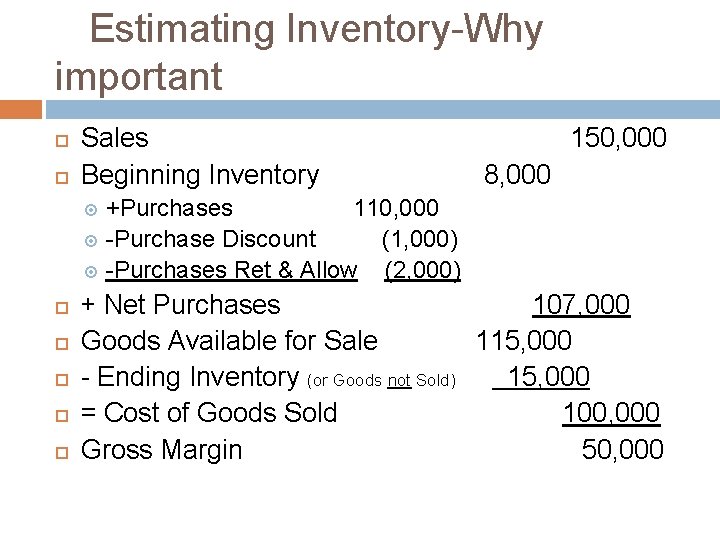 Estimating Inventory-Why important Sales Beginning Inventory 150, 000 8, 000 +Purchases 110, 000 -Purchase Estimating Inventory-Why important Sales Beginning Inventory 150, 000 8, 000 +Purchases 110, 000 -Purchase