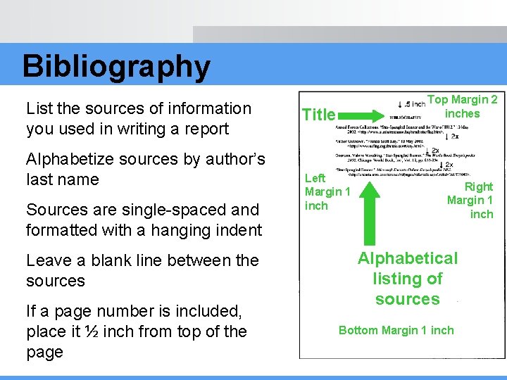 Bibliography List the sources of information you used in writing a report Alphabetize sources