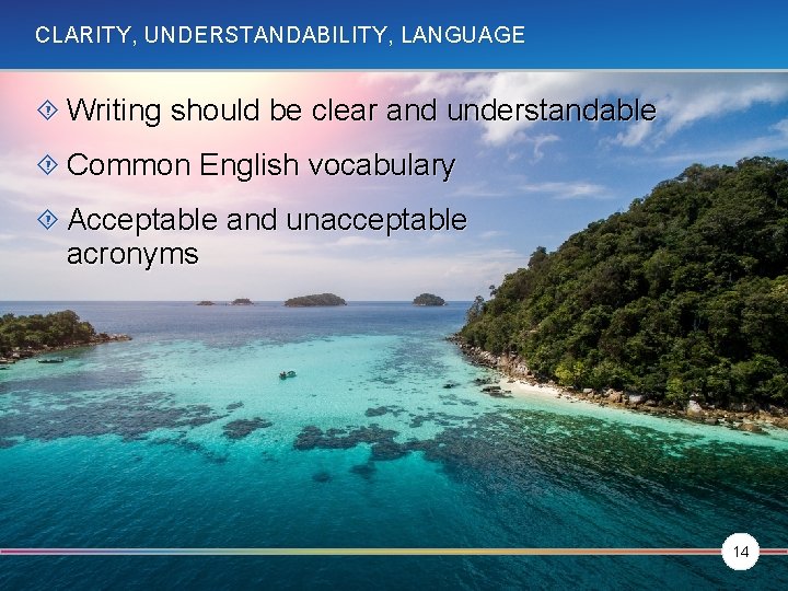 CLARITY, UNDERSTANDABILITY, LANGUAGE Writing should be clear and understandable Common English vocabulary Acceptable and