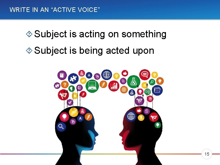 WRITE IN AN “ACTIVE VOICE” Subject is acting on something Subject is being acted