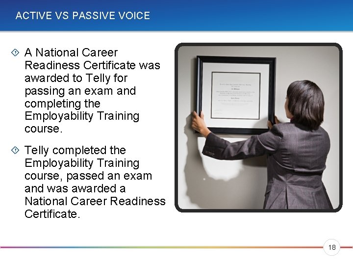 ACTIVE VS PASSIVE VOICE A National Career Readiness Certificate was awarded to Telly for