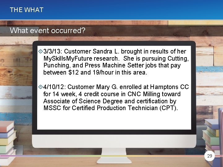 THE WHAT What event occurred? 3/3/13: Customer Sandra L. brought in results of her