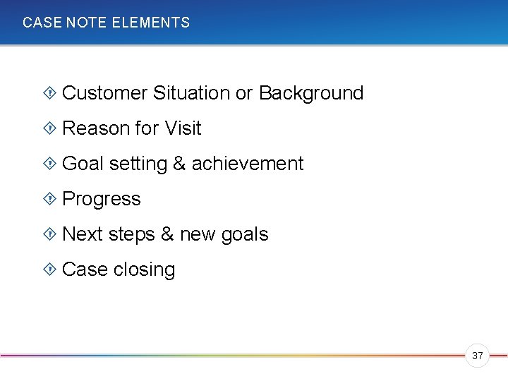 CASE NOTE ELEMENTS Customer Situation or Background Reason for Visit Goal setting & achievement