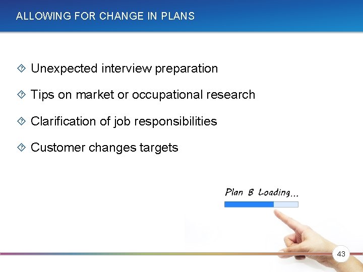 ALLOWING FOR CHANGE IN PLANS Unexpected interview preparation Tips on market or occupational research