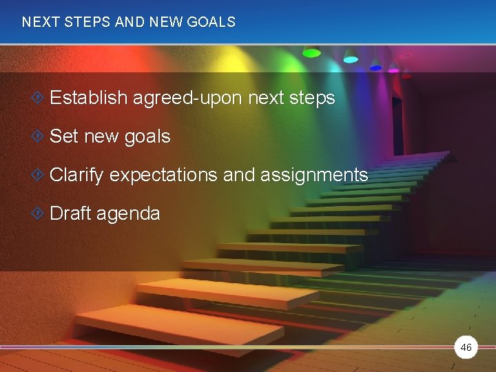 NEXT STEPS AND NEW GOALS Establish agreed-upon next steps Set new goals Clarify expectations