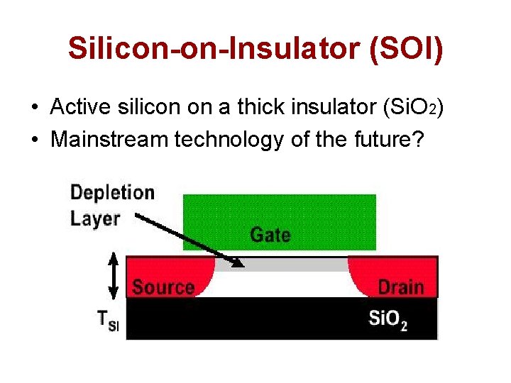 Silicon-on-Insulator (SOI) • Active silicon on a thick insulator (Si. O 2) • Mainstream Silicon-on-Insulator (SOI) • Active silicon on a thick insulator (Si. O 2) • Mainstream