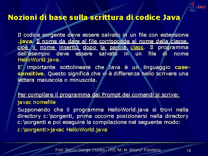 Nozioni di base sulla scrittura di codice Java Il codice sorgente deve essere salvato