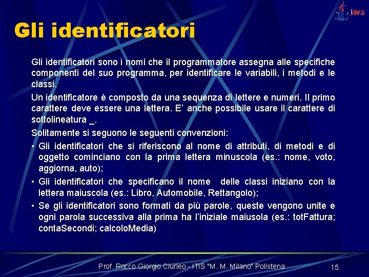 Gli identificatori sono i nomi che il programmatore assegna alle specifiche componenti del suo