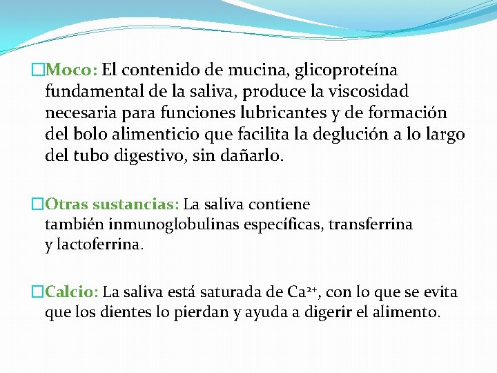 �Moco: El contenido de mucina, glicoproteína fundamental de la saliva, produce la viscosidad necesaria