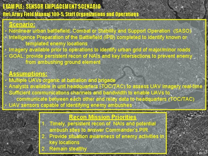 EXAMPLE: SENSOR EMPLACEMENT SCENARIO Ref: Army Field Manual 100 -5, Staff Organizations and Operations