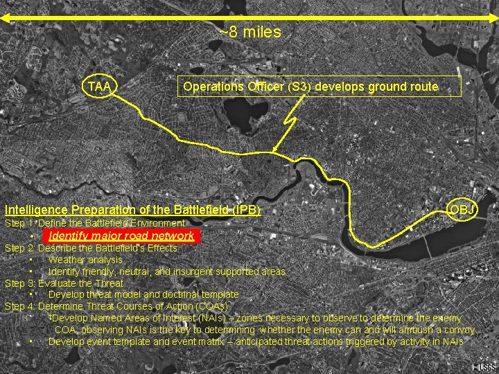 ~8 miles TAA Operations Officer (S 3) develops ground route Intelligence Preparation of the