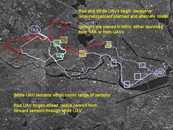 Red and White UAVs begin ‘deceptive’ reconnaissanceof planned and alternate routes TAA Sensors are