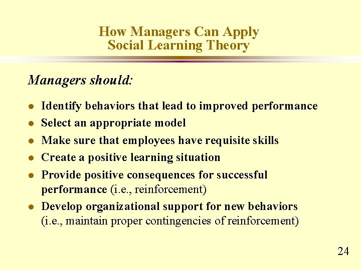 How Managers Can Apply Social Learning Theory Managers should: l l l Identify behaviors How Managers Can Apply Social Learning Theory Managers should: l l l Identify behaviors