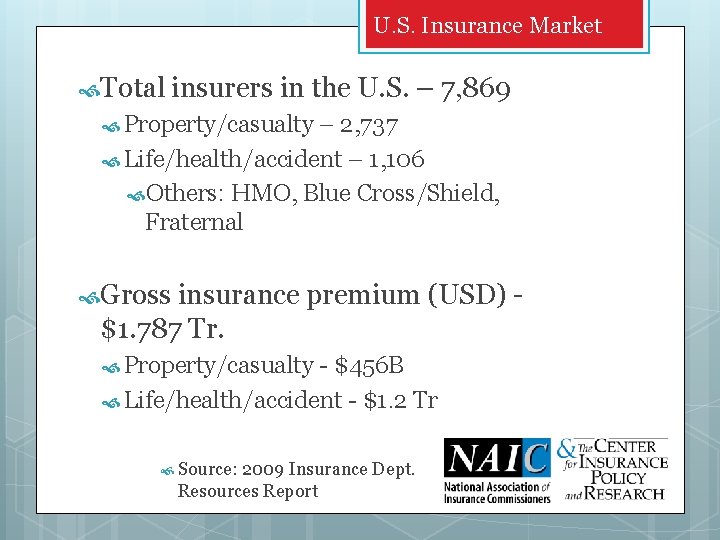 U. S. Insurance Market Total insurers in the U. S. – 7, 869 Property/casualty