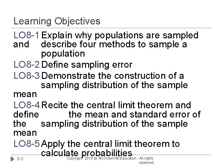 Learning Objectives LO 8 -1 Explain why populations are sampled and describe four methods