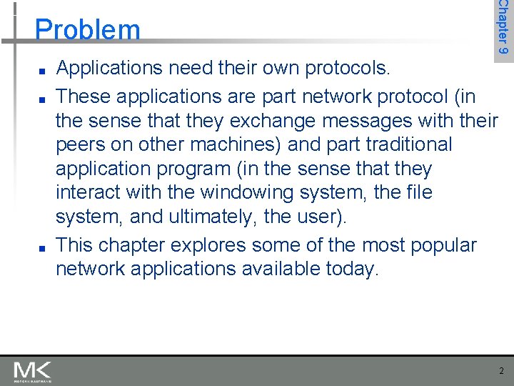 ■ ■ ■ Chapter 9 Problem Applications need their own protocols. These applications are