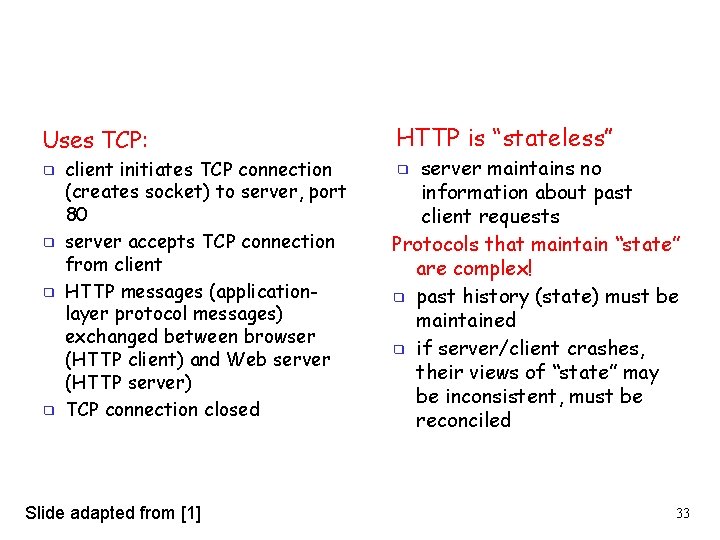 Uses TCP: ❑ ❑ client initiates TCP connection (creates socket) to server, port 80