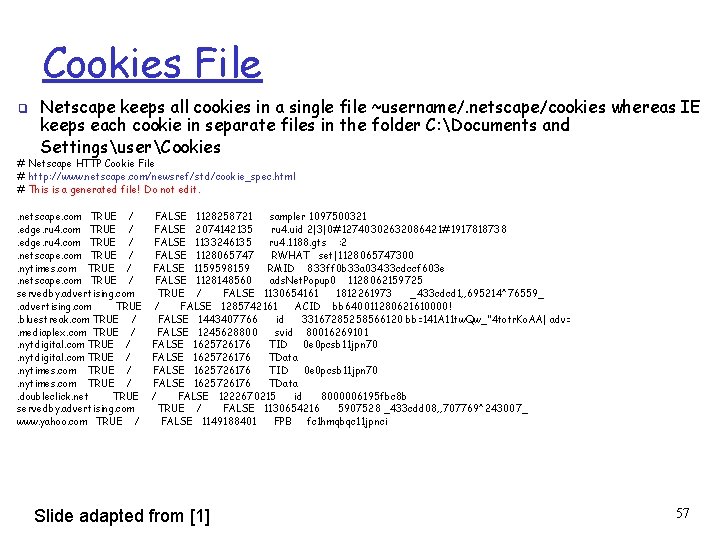 Cookies File ❑ Netscape keeps all cookies in a single file ~username/. netscape/cookies whereas