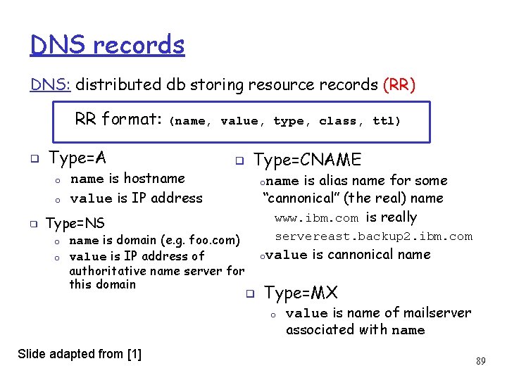 DNS records DNS: distributed db storing resource records (RR) RR format: ❑ Type=A o
