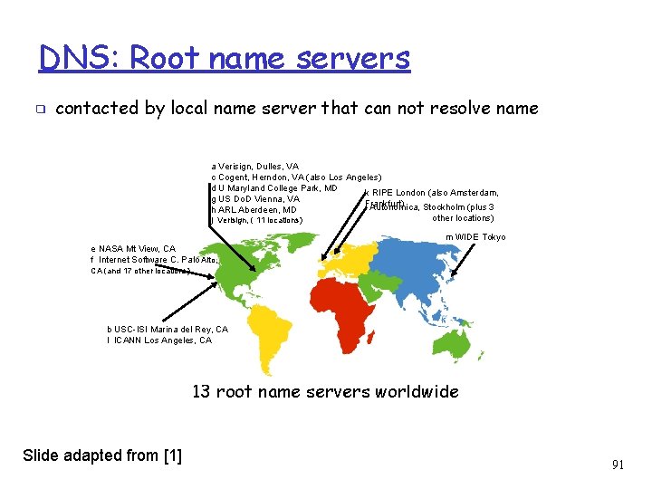 DNS: Root name servers ❑ contacted by local name server that can not resolve