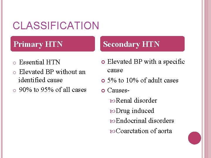 CLASSIFICATION Primary HTN Essential HTN o Elevated BP without an identified cause o 90%