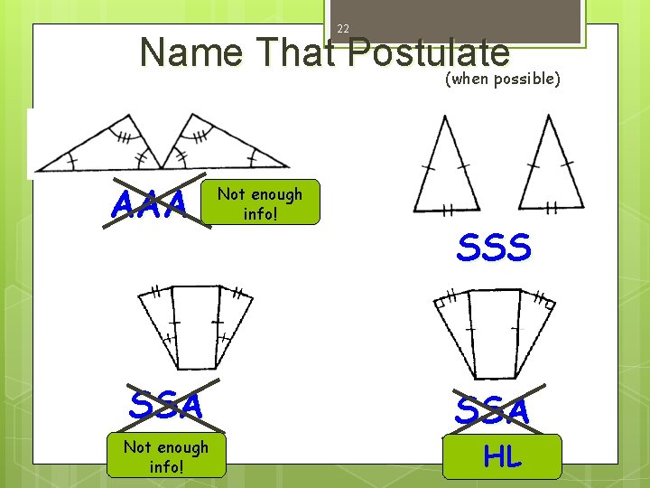 22 Name That Postulate (when possible) AAA SSA Not enough info! SSS SSA HL