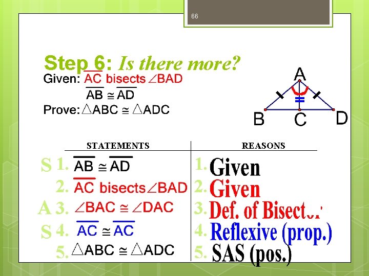 66 Step 6: Is there more? STATEMENTS S 1. 2. A 3. S 4.