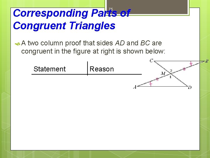 Corresponding Parts of Congruent Triangles 75 A two column proof that sides AD and