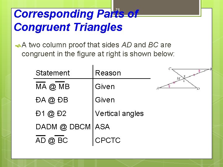 Corresponding Parts of Congruent Triangles 76 A two column proof that sides AD and