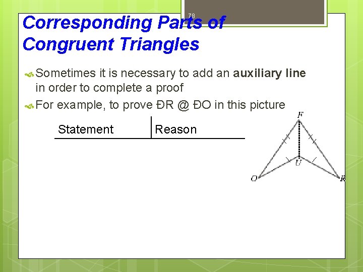 Corresponding Parts of Congruent Triangles 78 Sometimes it is necessary to add an auxiliary