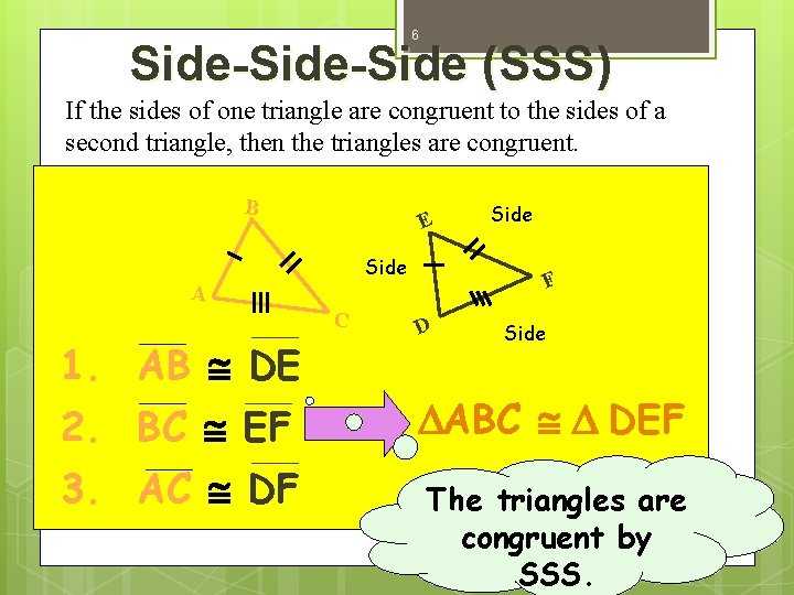 6 Side-Side (SSS) If the sides of one triangle are congruent to the sides